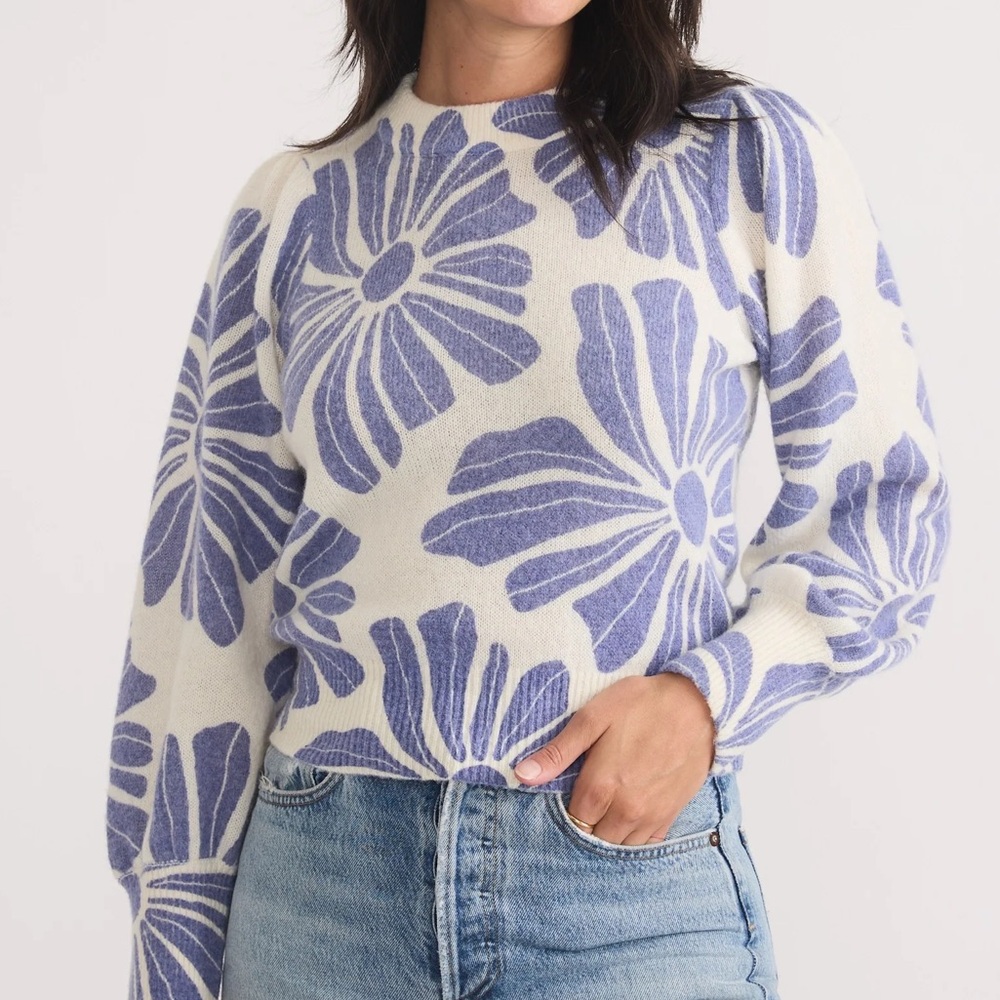 Marine Layer Alma Puff- Sleeve Sweater Blue White Floral Size M Cozy Bold Preppy - Picture 3 of 11